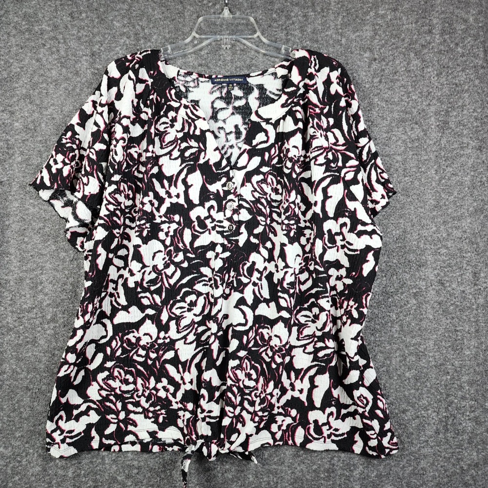 Adrienne Vittadini Blouse Womens 2X Black White Pink Excellent Floral Tie Hem